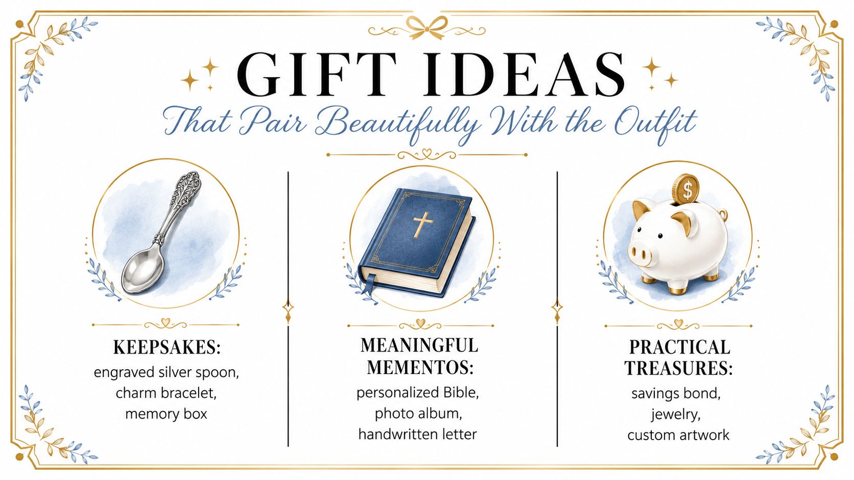 Graphic titled Gift Ideas featuring suggestions for keepsakes, meaningful mementos, and practical treasures for a baptism celebration.