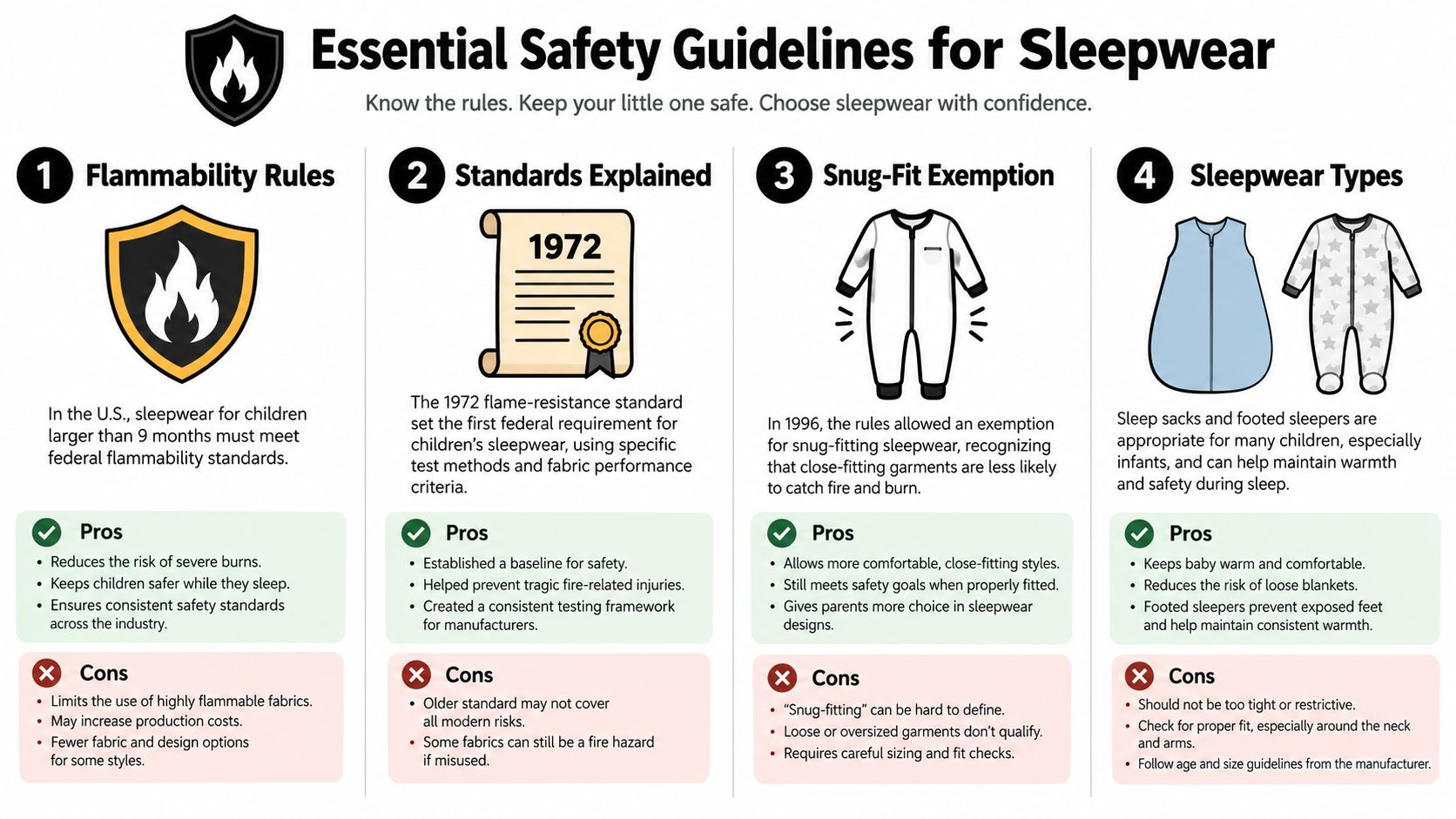 An infographic detailing essential children's sleepwear safety guidelines, including flammability rules, standards, exemptions, and different product types.