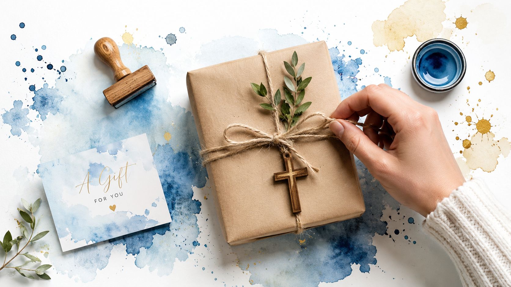 A hand ties a twine ribbon around a brown gift box decorated with a wooden cross ornament.