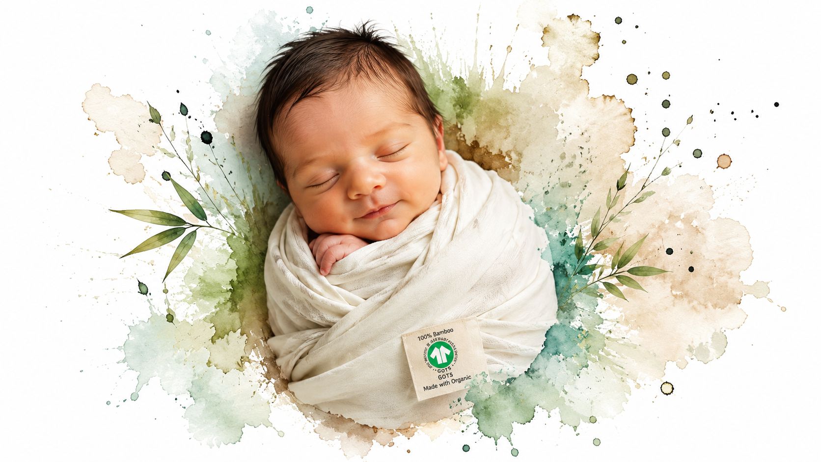 A newborn baby sleeping peacefully wrapped in a soft white GOTS certified organic bamboo swaddle cloth.