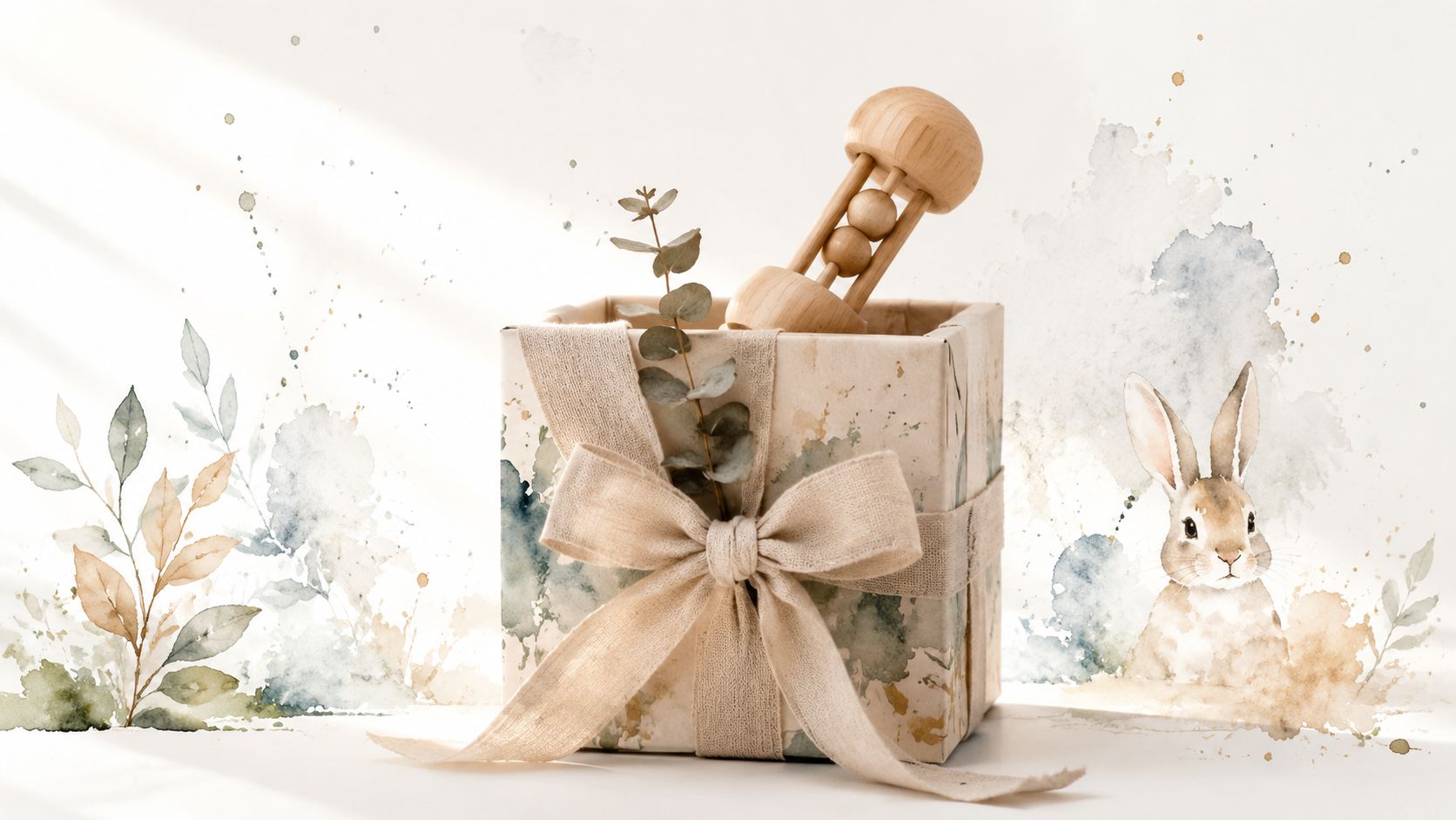 A beautifully wrapped gift box for a baby boy with a wooden rattle, eucalyptus, and watercolor bunny.
