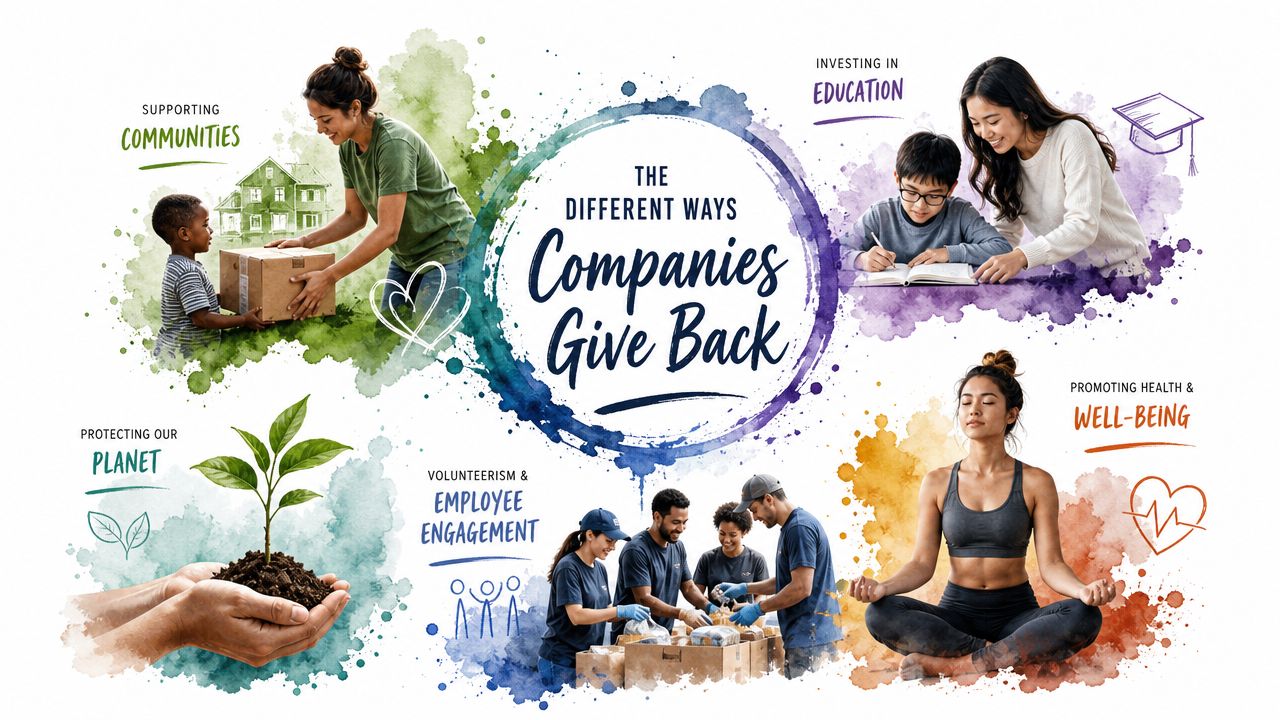 A visual infographic showing different ways companies give back through community, education, environment, and employee volunteerism.