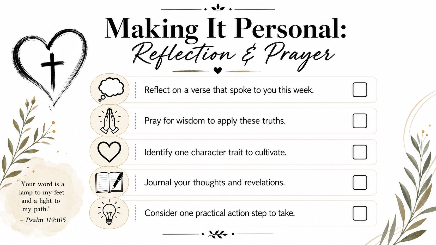 A reflection and prayer checklist for spiritual study with prompts about verses, wisdom, character, journaling, and action.