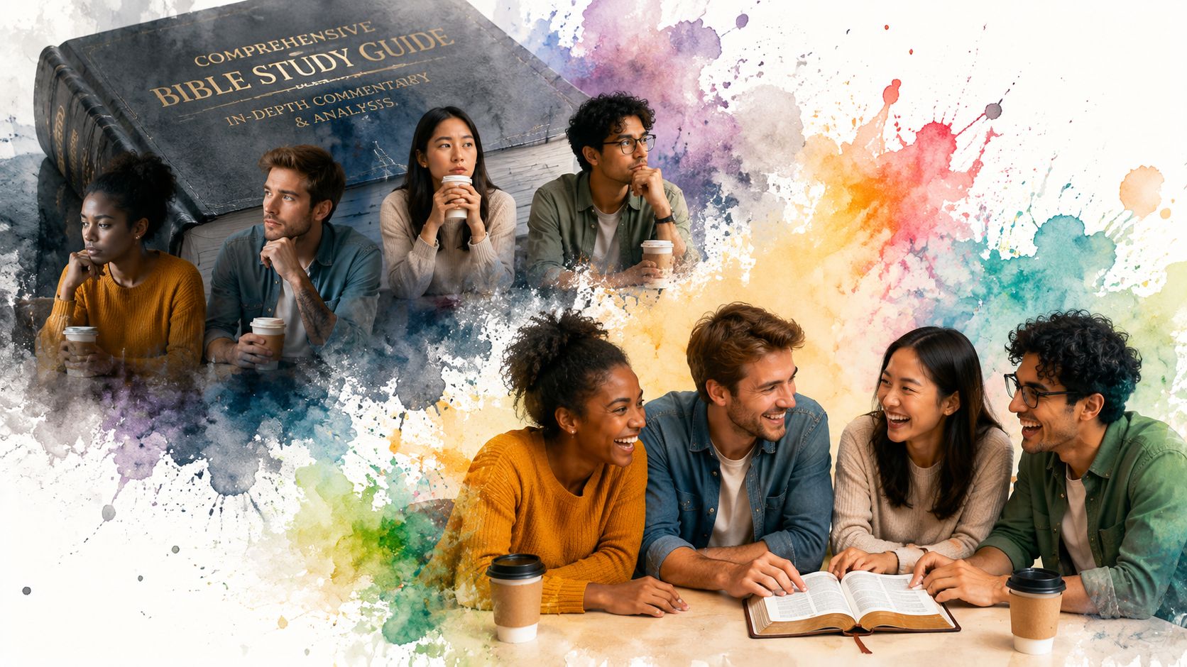 A diverse group of four friends reading the Bible together, smiling and engaged in thoughtful study.