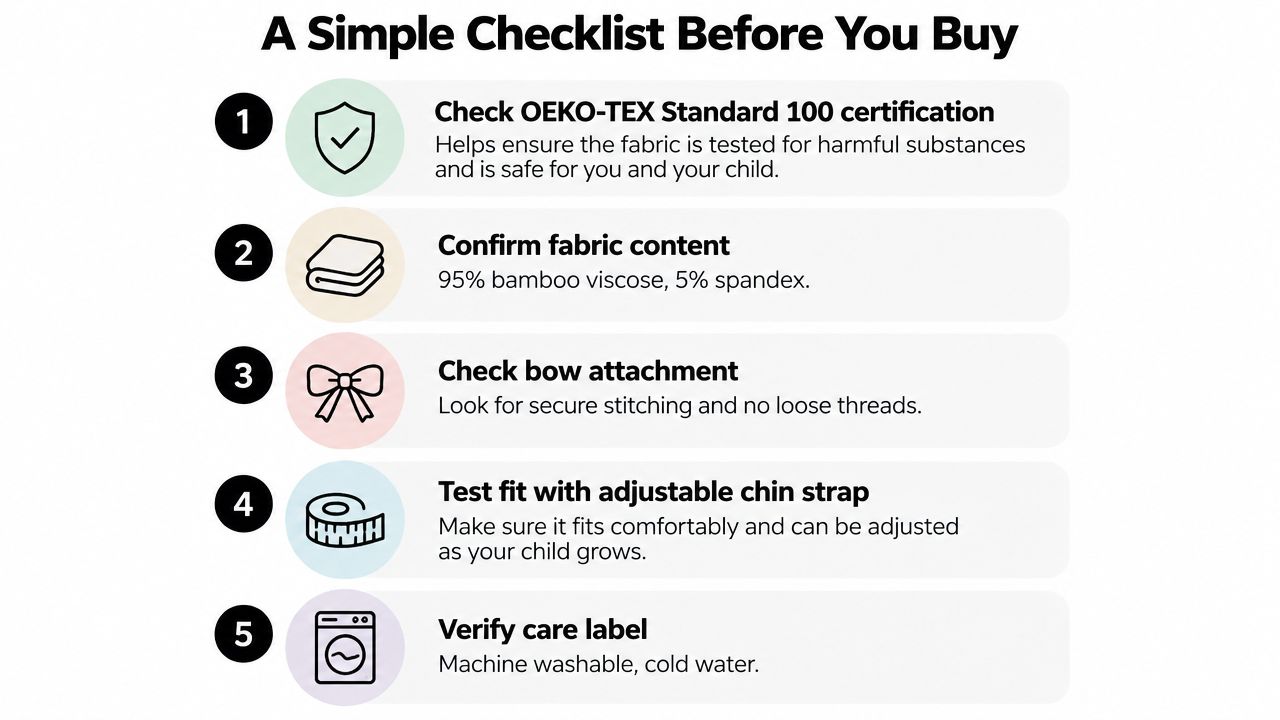 A checklist infographic listing five essential tips for buying baby accessories like hats with bows.