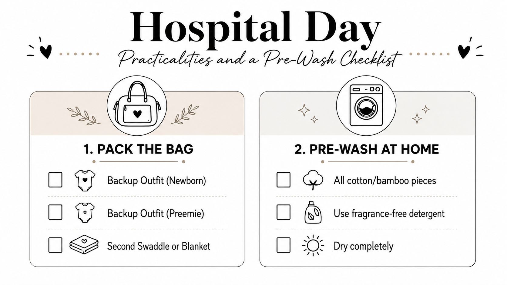 A checklist for preparing for a hospital day featuring sections on packing bags and pre-washing baby clothes.