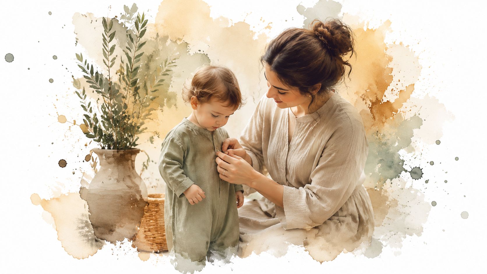 A woman helping a toddler dressed in comfortable gender-neutral sage green clothing with buttons.