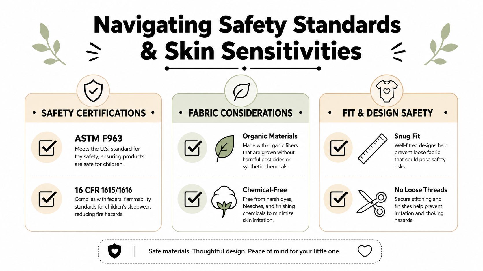 An infographic titled Navigating Safety Standards and Skin Sensitivities for children's clothing and toy safety products.