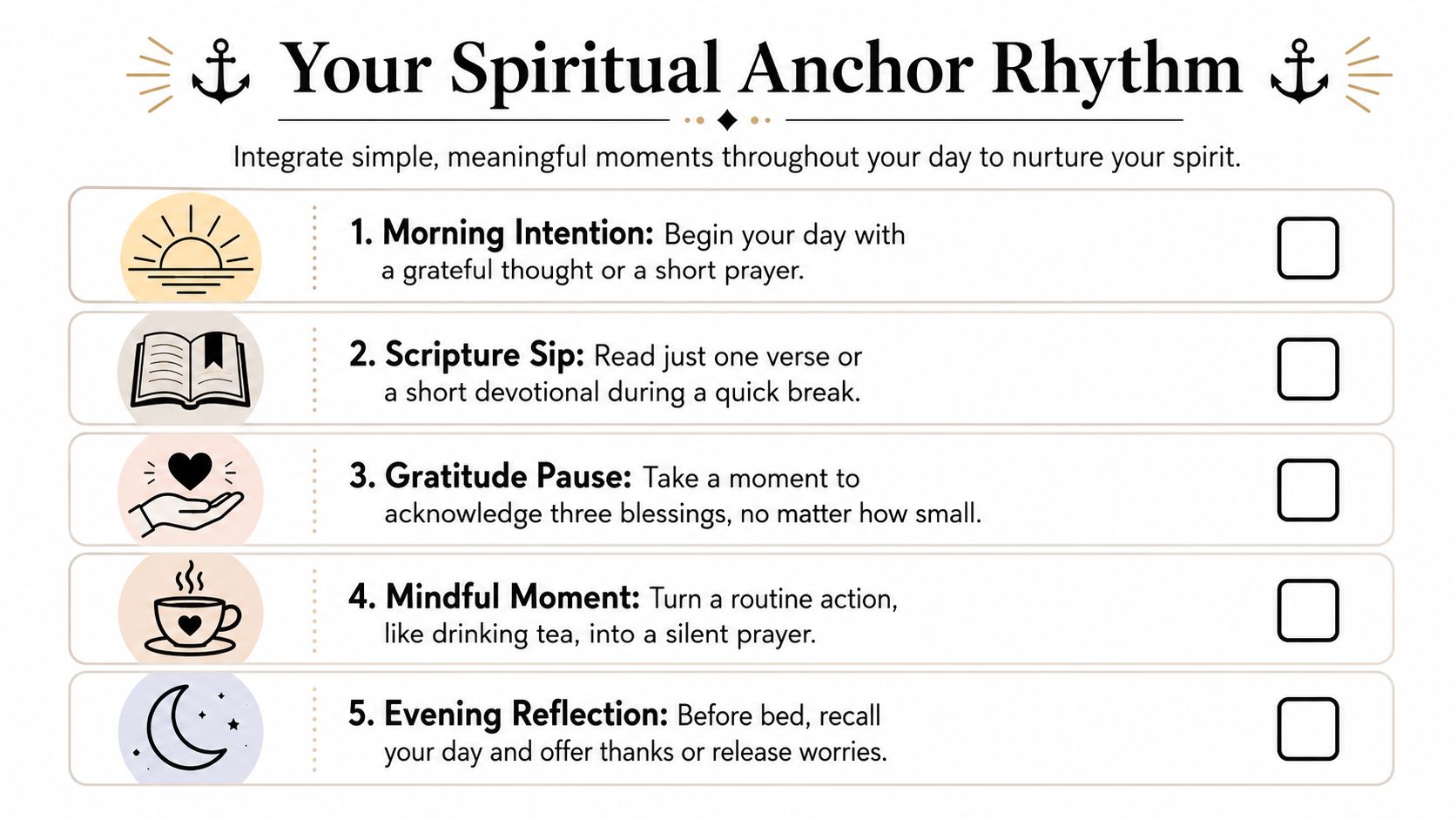 A checklist titled Your Spiritual Anchor Rhythm suggesting five simple daily habits for nurturing one's spiritual life.