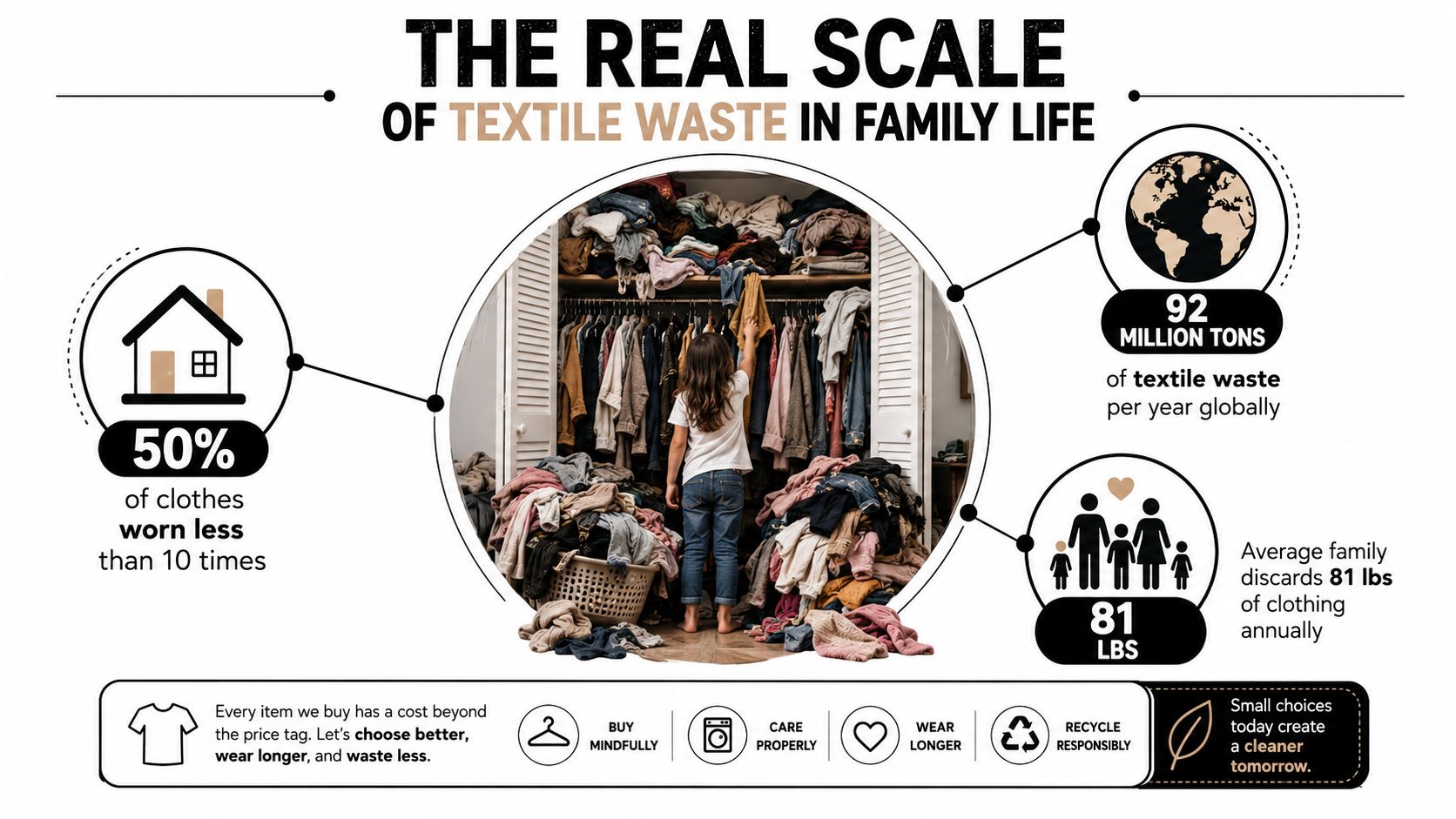 An infographic illustrating the scale of global textile waste and its impact on the average family's lifestyle.