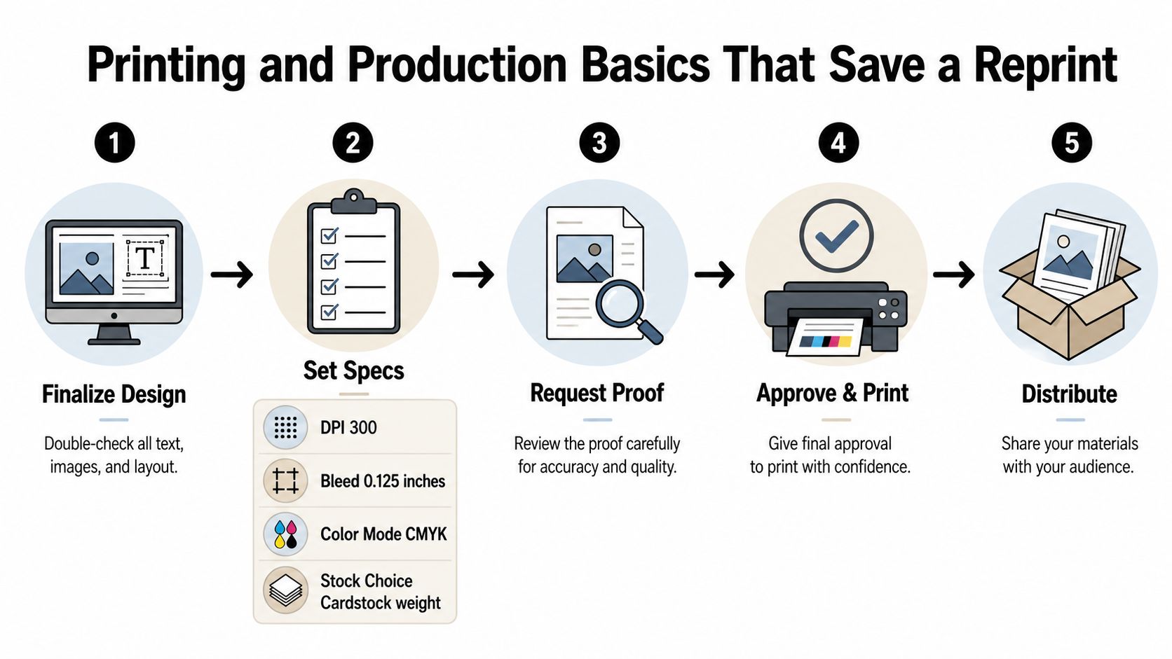 A five-step infographic showing the essential process for printing and producing professional quality materials.