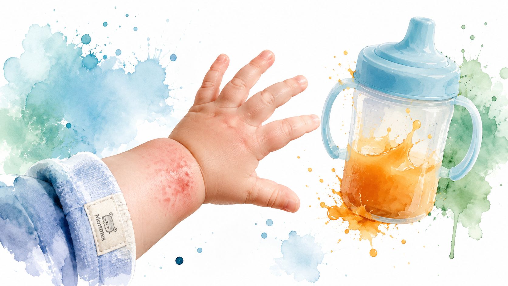 A baby's arm showing skin irritation reaching toward a sippy cup with spilled juice on white background.