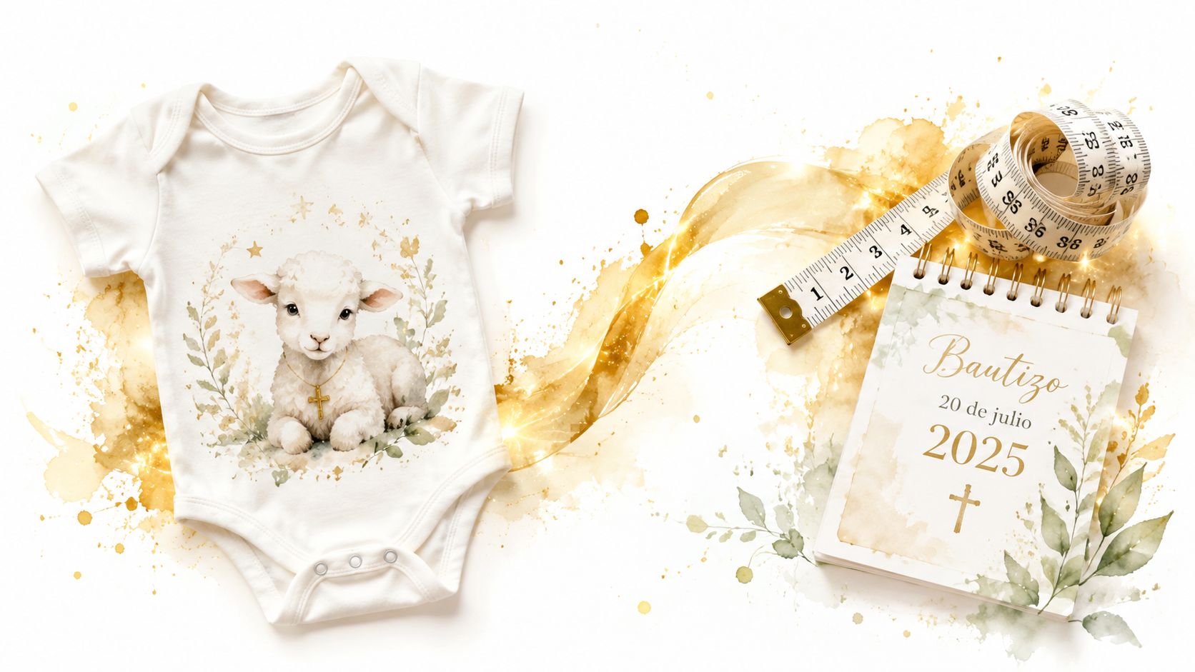 A white baby onesie with a lamb illustration next to a calendar for a 2025 baptism.