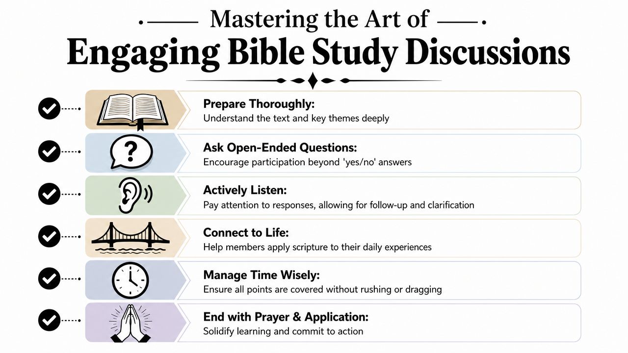 An infographic detailing six essential steps for mastering engaging Bible study group discussions and leadership.