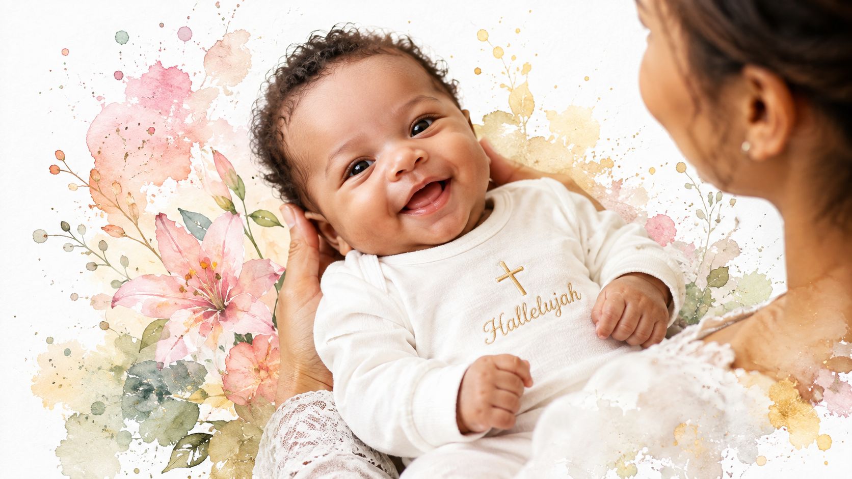 A happy baby wearing white pajamas with a cross and the word Hallelujah, held by a parent.