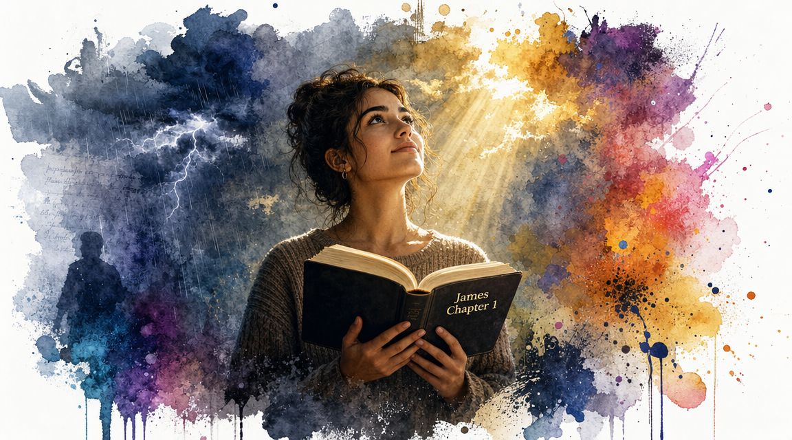 A young woman looking upward while holding an open Bible titled James Chapter 1 in watercolor art.