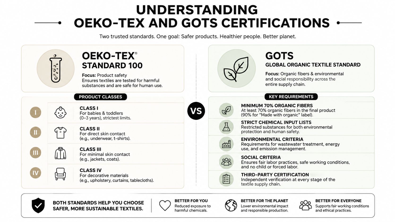 An infographic comparing OEKO-TEX Standard 100 and GOTS certifications regarding product safety and environmental social responsibility.
