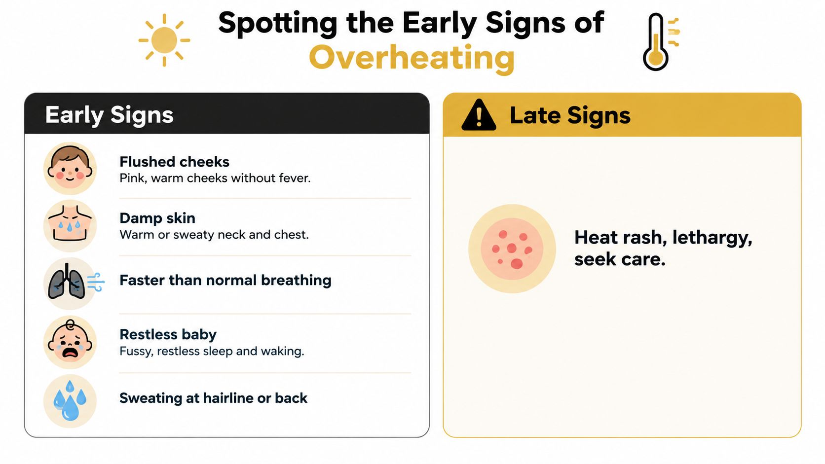 A chart detailing the early and late warning signs of overheating in infants, such as flushed skin.