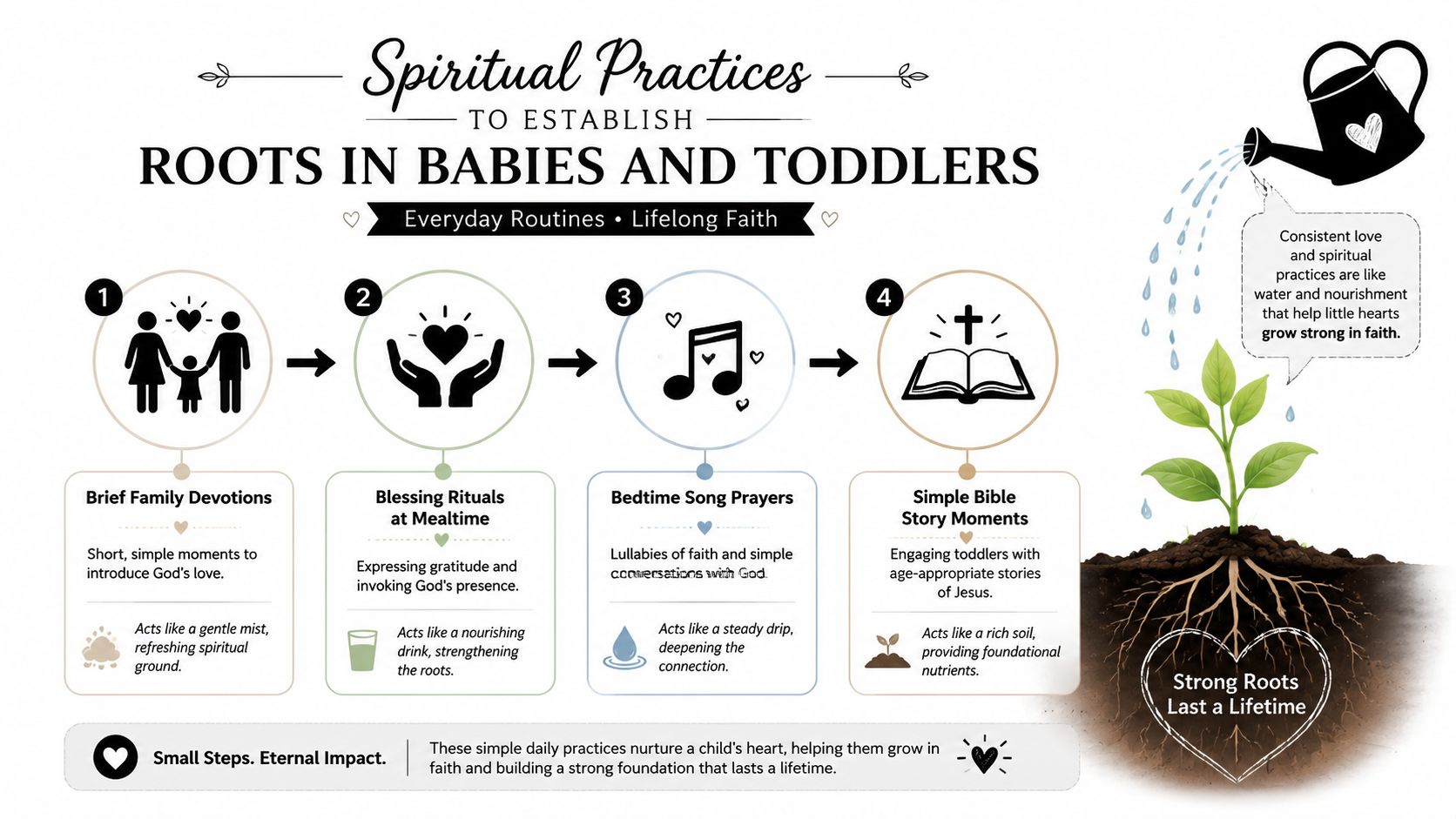 An infographic illustrating four daily spiritual practices to help babies and toddlers grow strong in faith.