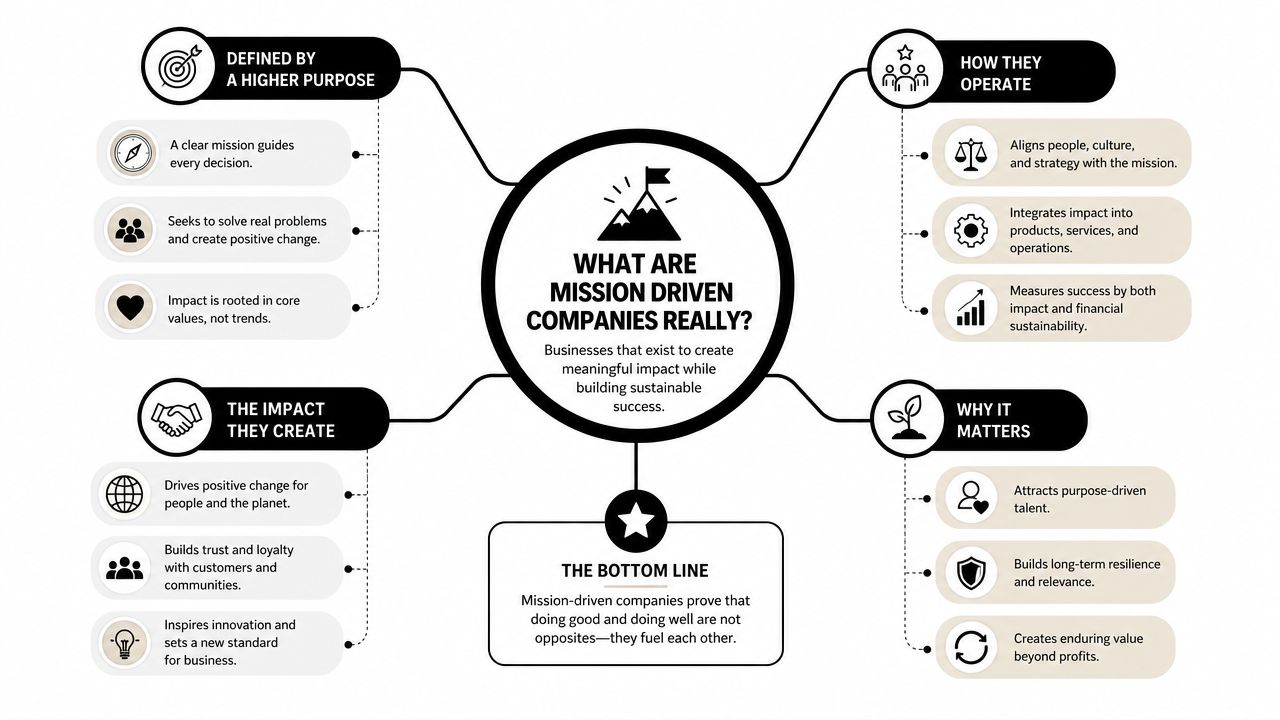 An infographic diagram explaining the core components and significance of mission driven companies in business strategy.