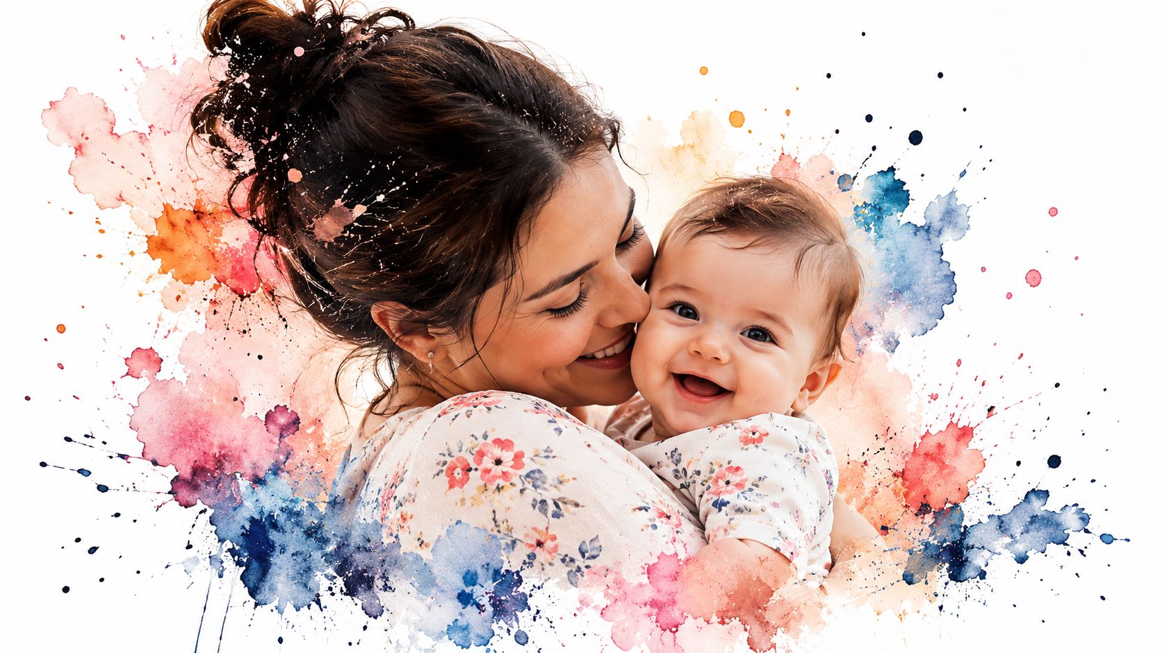 A happy mother tenderly cuddling her laughing baby against a backdrop of artistic watercolor splashes.