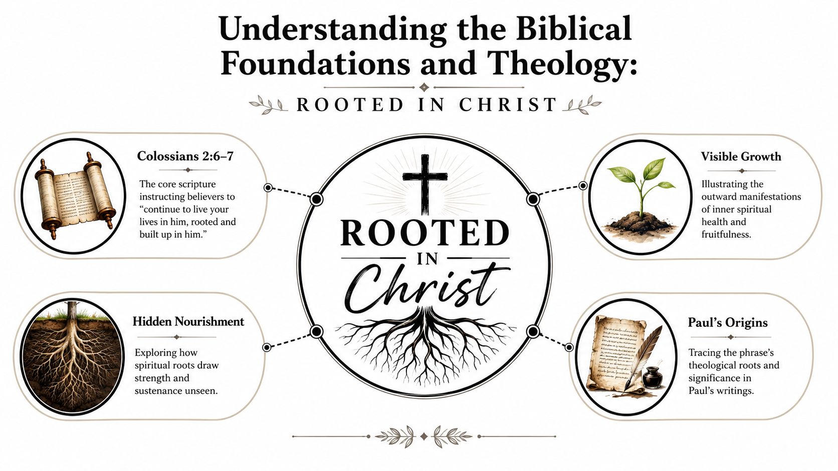 A diagram titled Rooted in Christ illustrating biblical foundations with scriptures, hidden nourishment, visible growth, and origins.