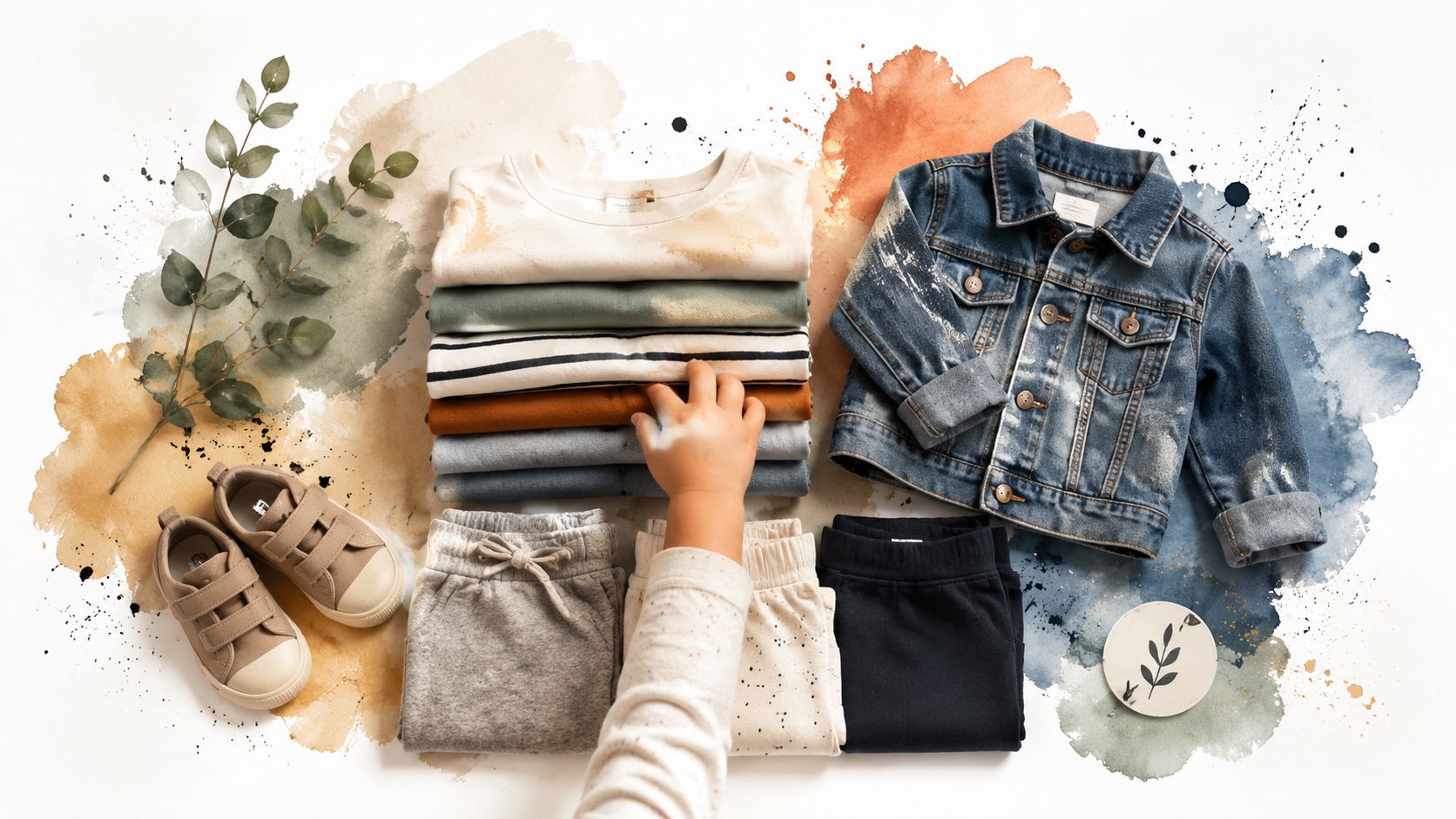 A child's hand touching a stack of folded gender neutral toddler clothes next to a denim jacket.