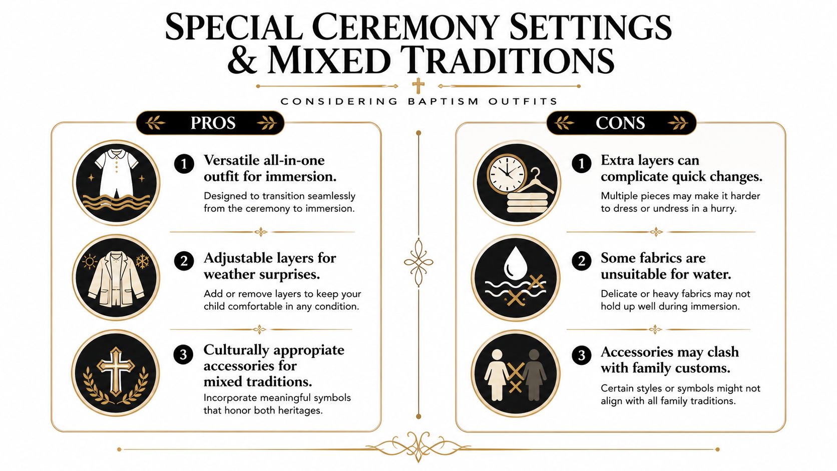 An infographic comparing the pros and cons of different baptism outfits for ceremonies and mixed traditions.