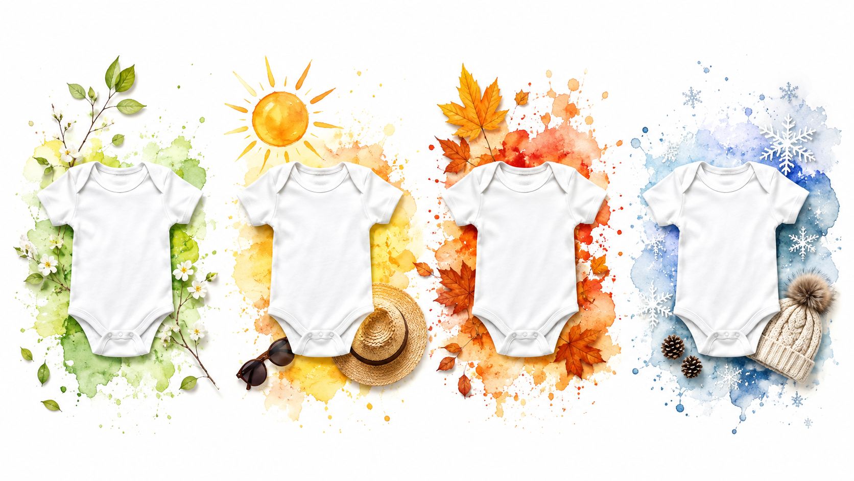 Four white baby onesies displayed against watercolor representations of spring, summer, autumn, and winter seasonal themes.
