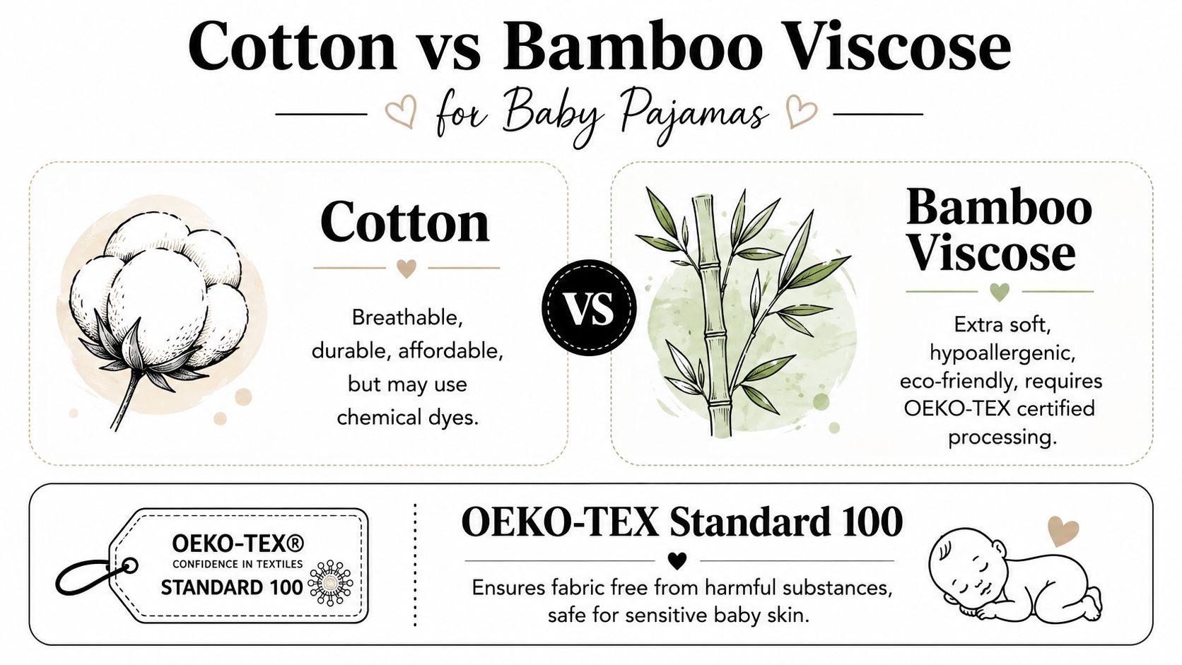 A comparison infographic between cotton and bamboo viscose fabrics for comfortable and safe baby pajamas.