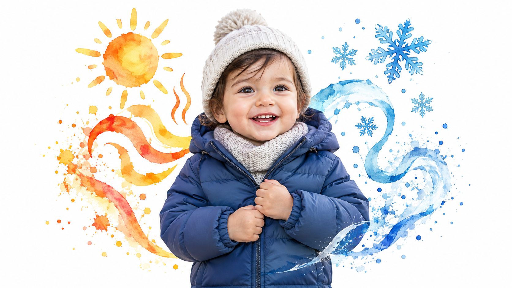A happy child wearing a warm winter coat, hat, and scarf against a backdrop of sun and snow.