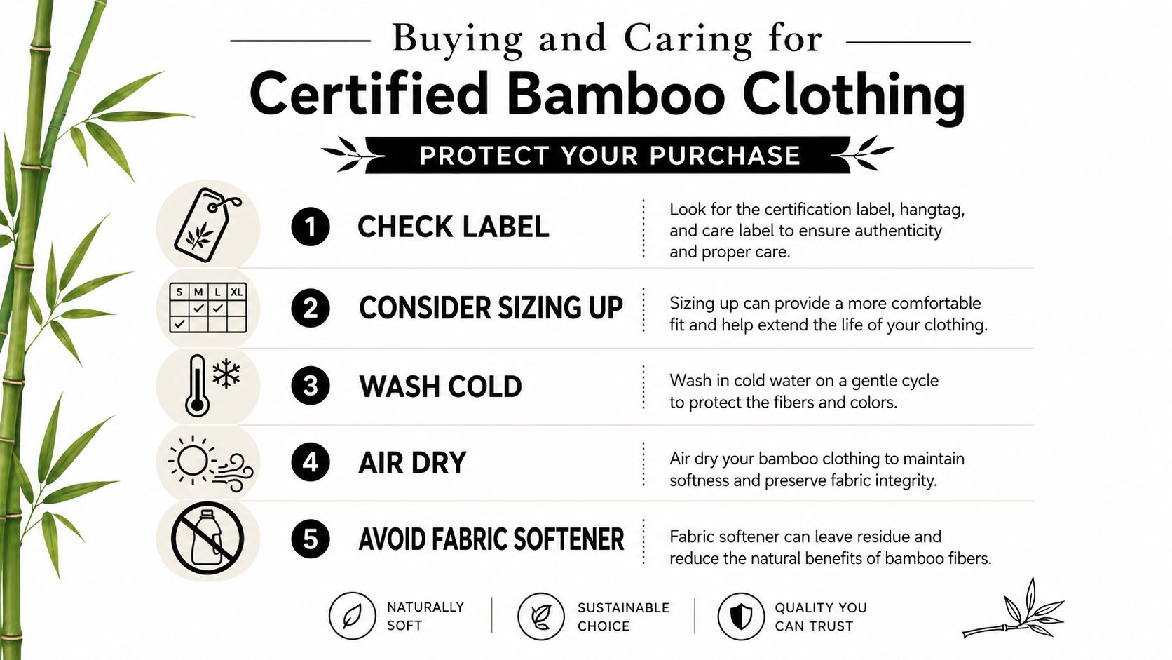 An infographic titled Buying and Caring for Certified Bamboo Clothing outlining five essential maintenance tips.