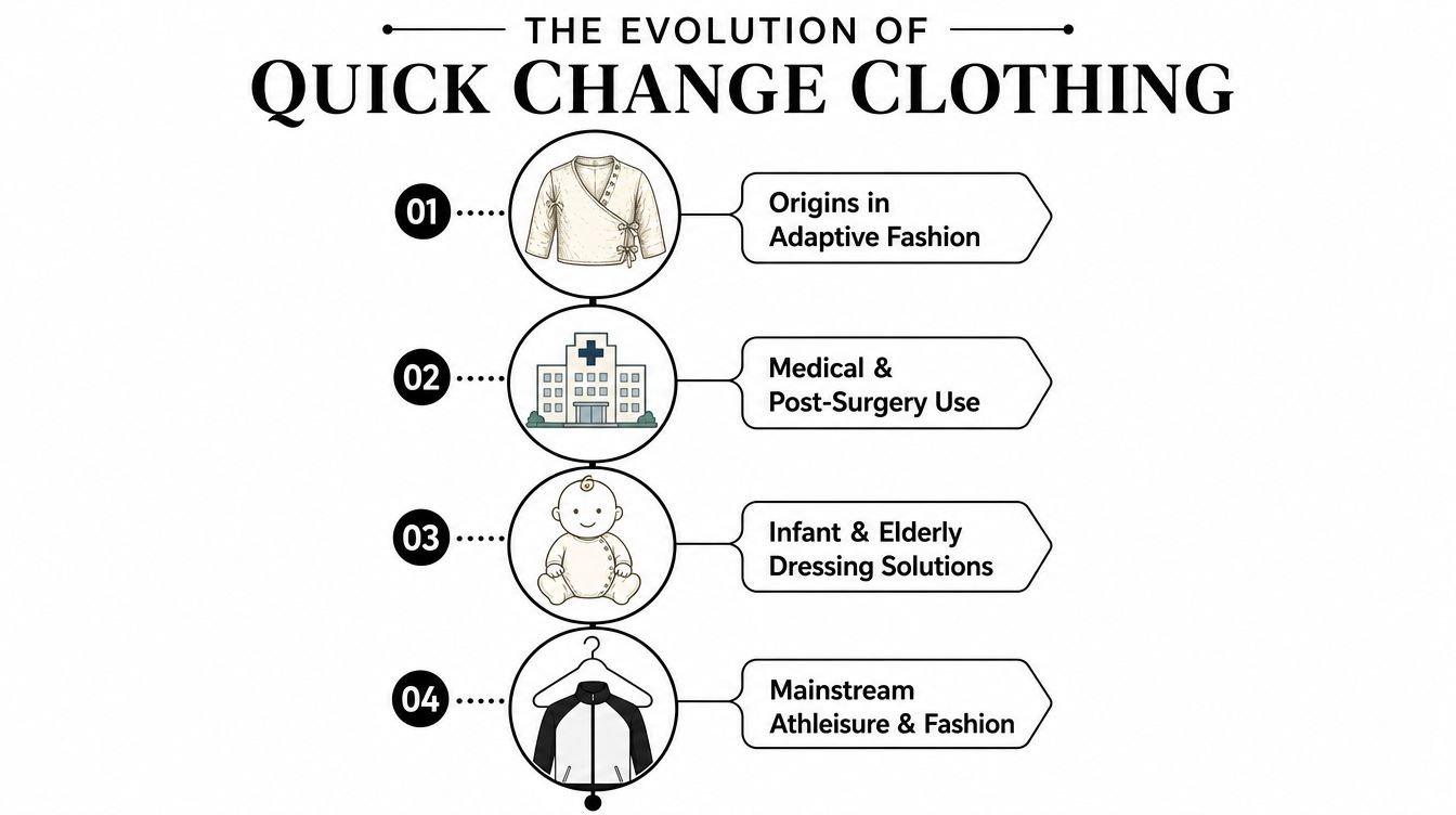 An infographic titled The Evolution of Quick Change Clothing showing four stages from medical roots to modern fashion.