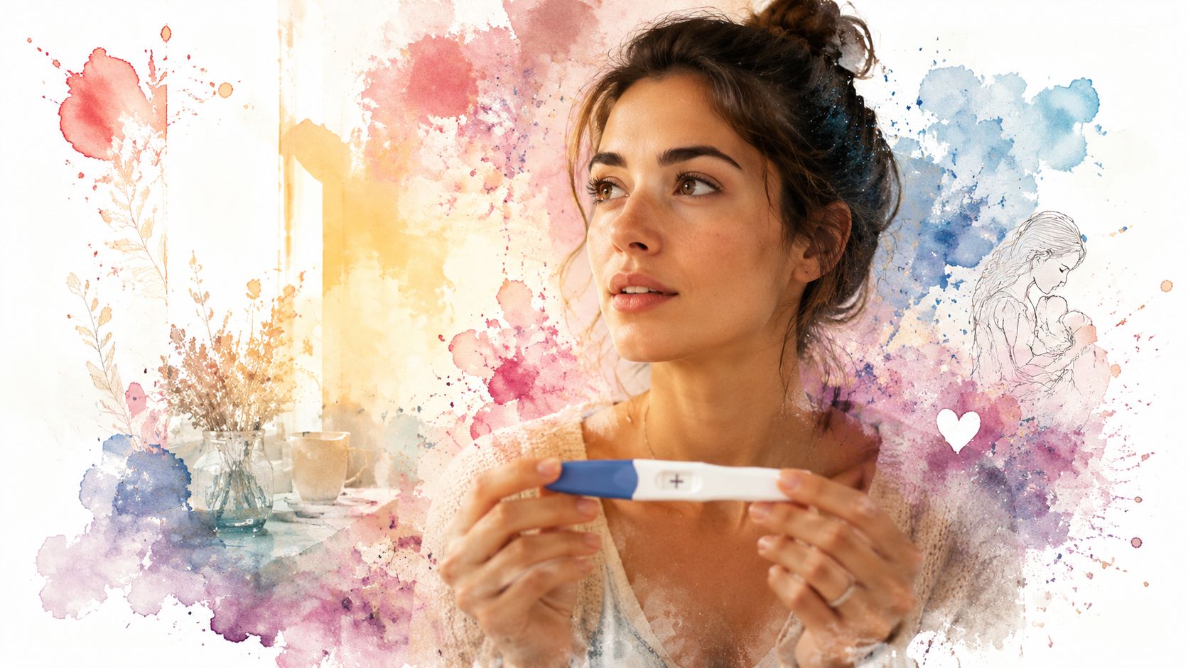 A woman looks thoughtfully while holding a positive pregnancy test, surrounded by watercolor artistic elements.