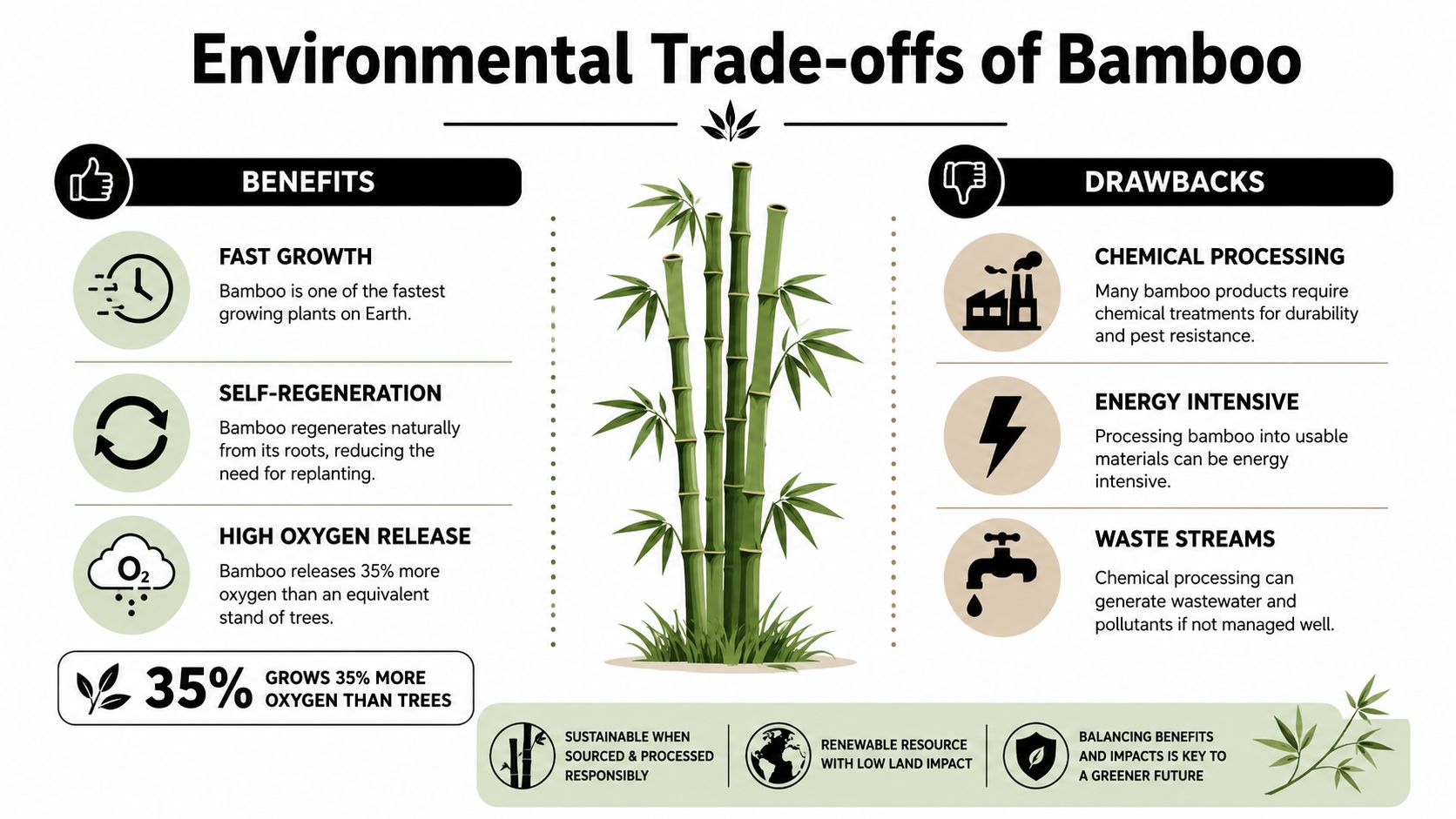 An infographic showing the environmental benefits and drawbacks of using bamboo as a sustainable resource.