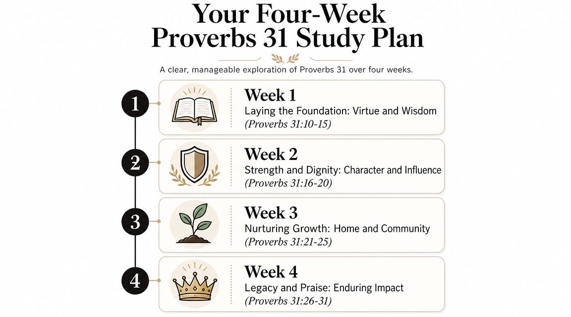 An infographic showing a four-week Proverbs 31 bible study plan with weekly themes and scripture references.