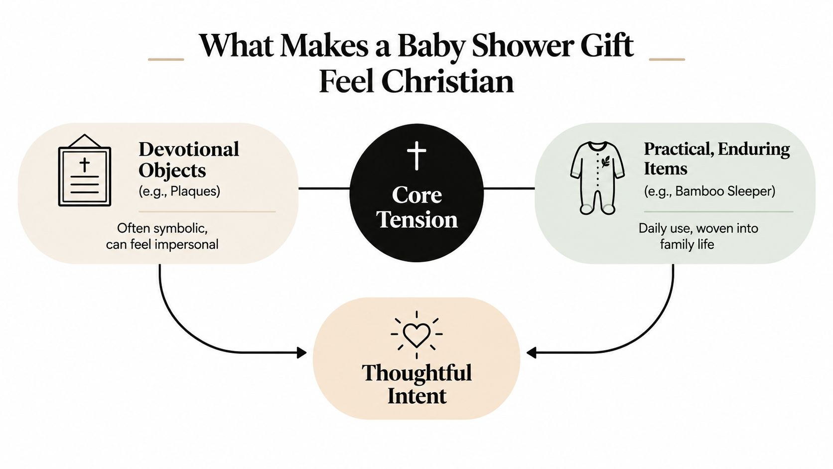 A diagram illustrating the balance between devotional objects and practical items in Christian baby shower gifting.
