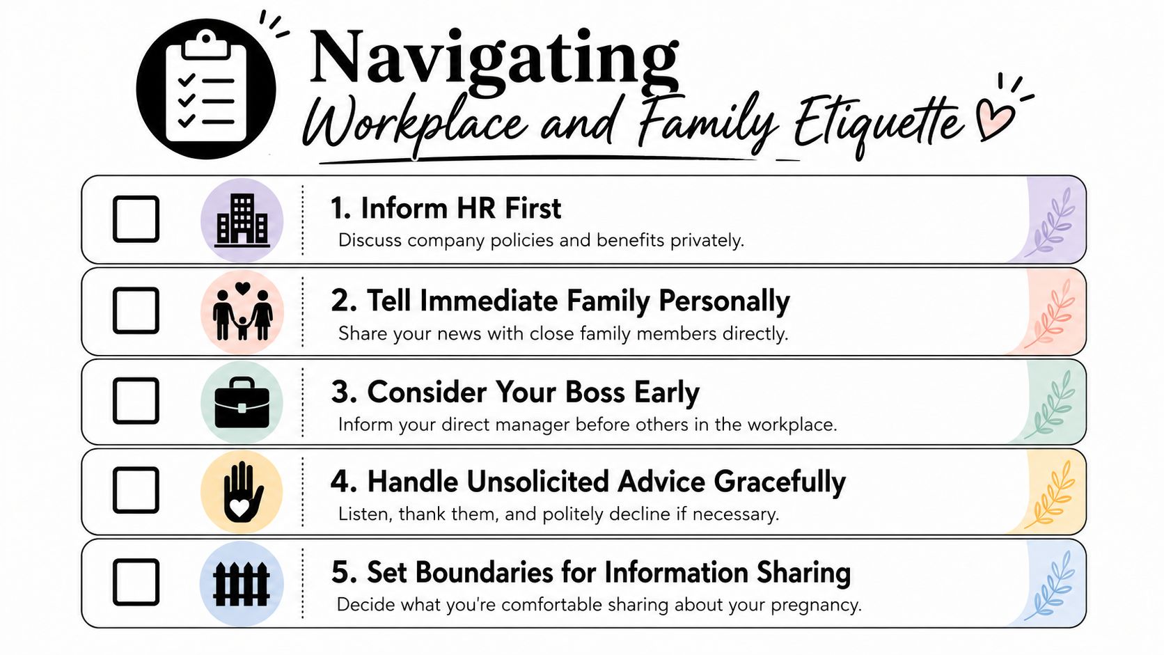 A checklist showing five tips for navigating workplace and family etiquette after announcing a pregnancy.