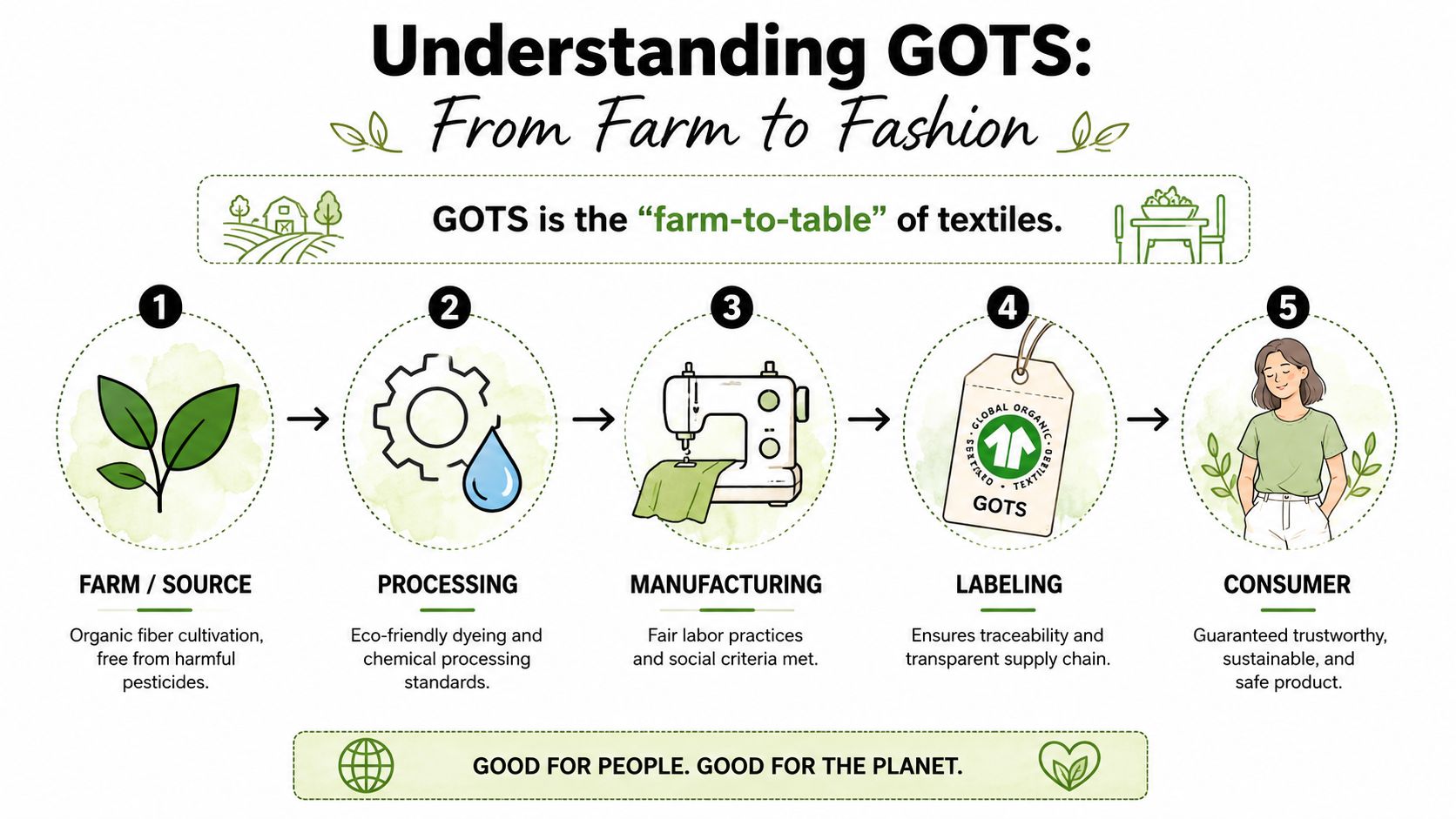 An infographic showing the five stages of GOTS textile certification from farm to consumer.