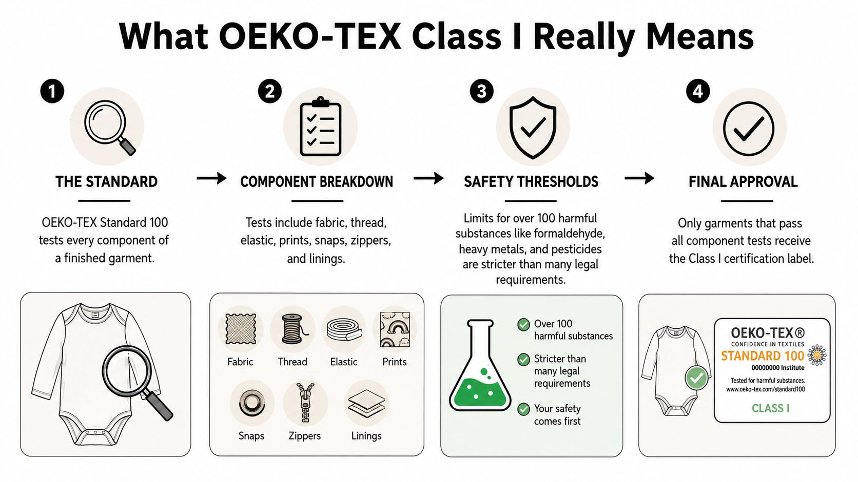 An infographic detailing the OEKO-TEX Standard 100 Class I certification process for baby clothing components.