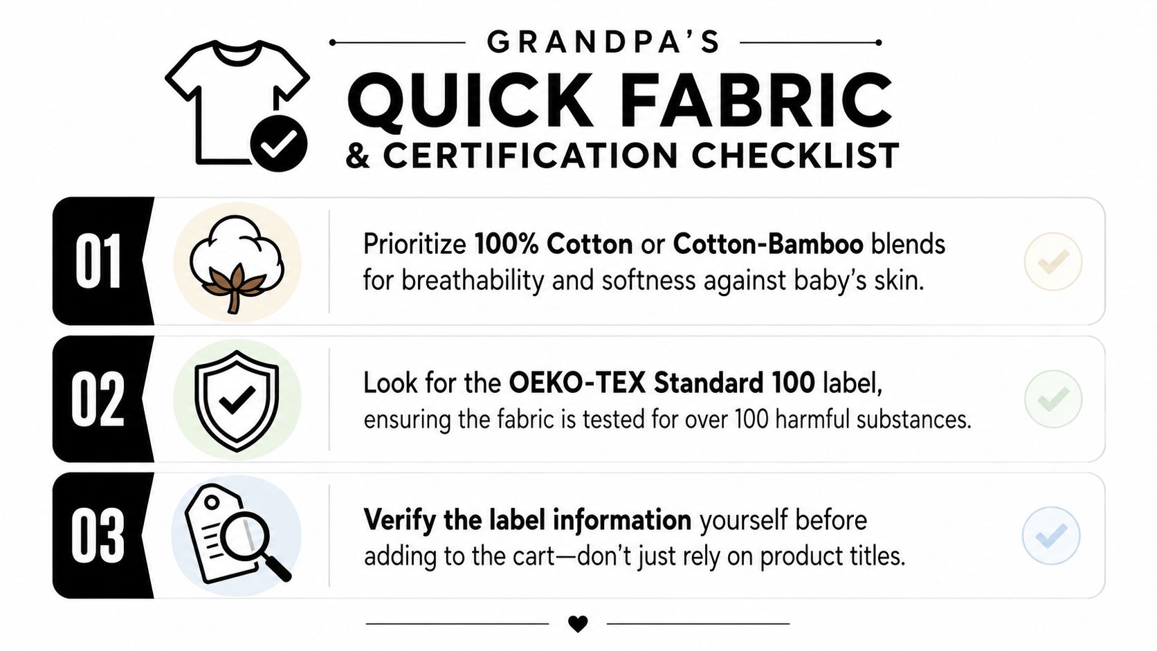 Grandpa's Quick Fabric and Certification Checklist infographic for selecting safe baby clothing fabrics and certifications.