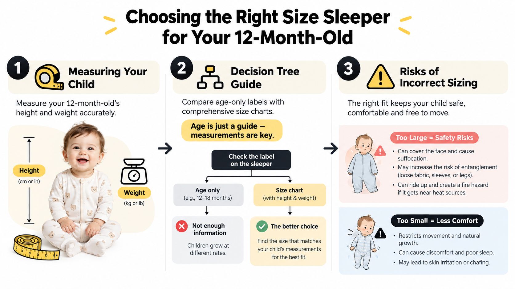 An infographic titled Choosing the Right Size Sleeper for Your 12-Month-Old showing steps for measuring babies.