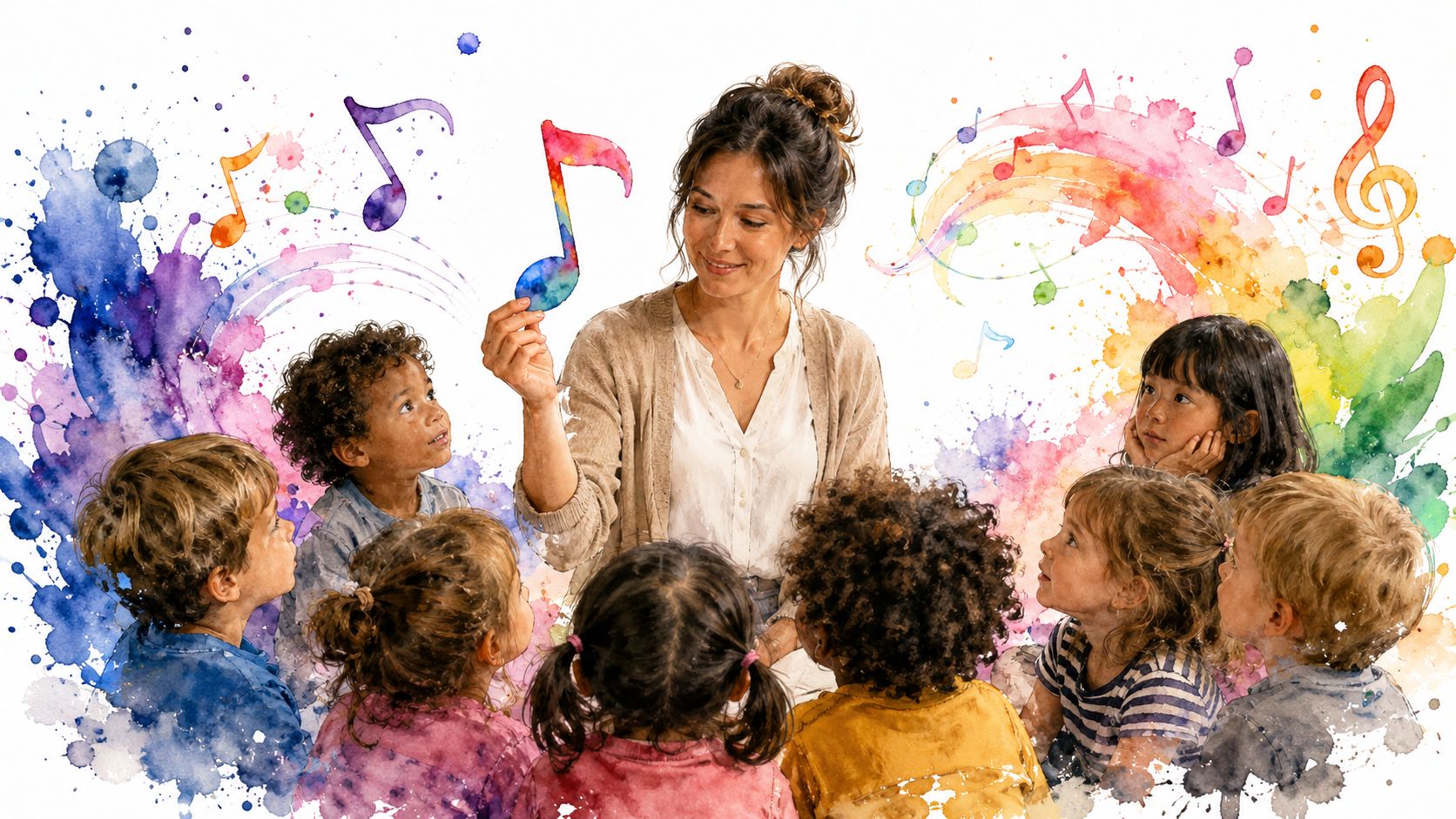 A teacher holding a musical note cutout, teaching a diverse group of young children in a classroom.