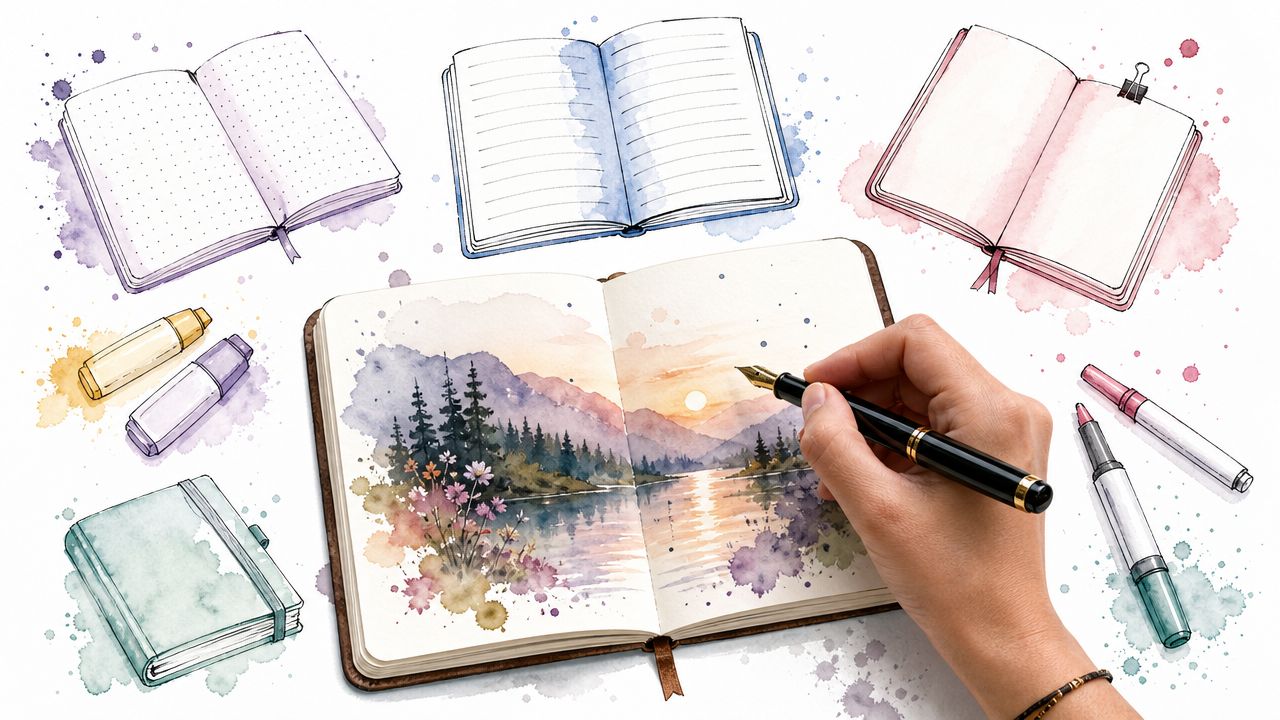 A flat lay of watercolor notebooks and supplies surrounding a hand drawing a scenic landscape in a journal.