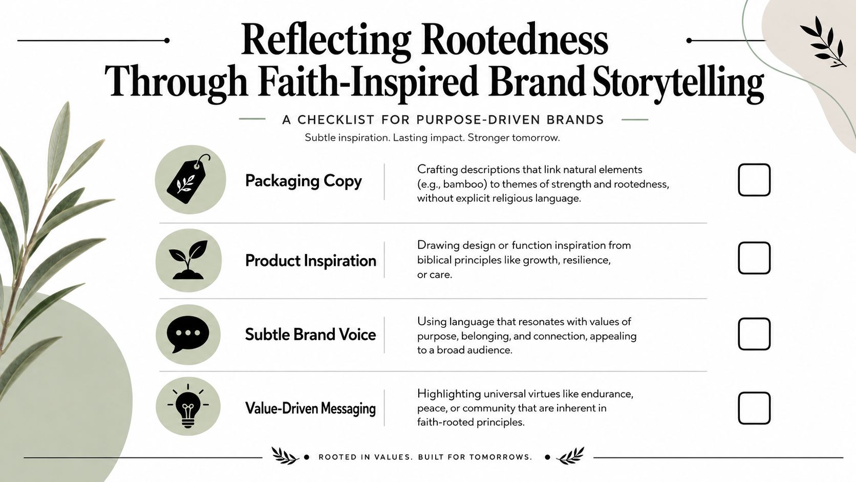 A checklist titled Reflecting Rootedness Through Faith-Inspired Brand Storytelling outlining strategies for purpose-driven brands.