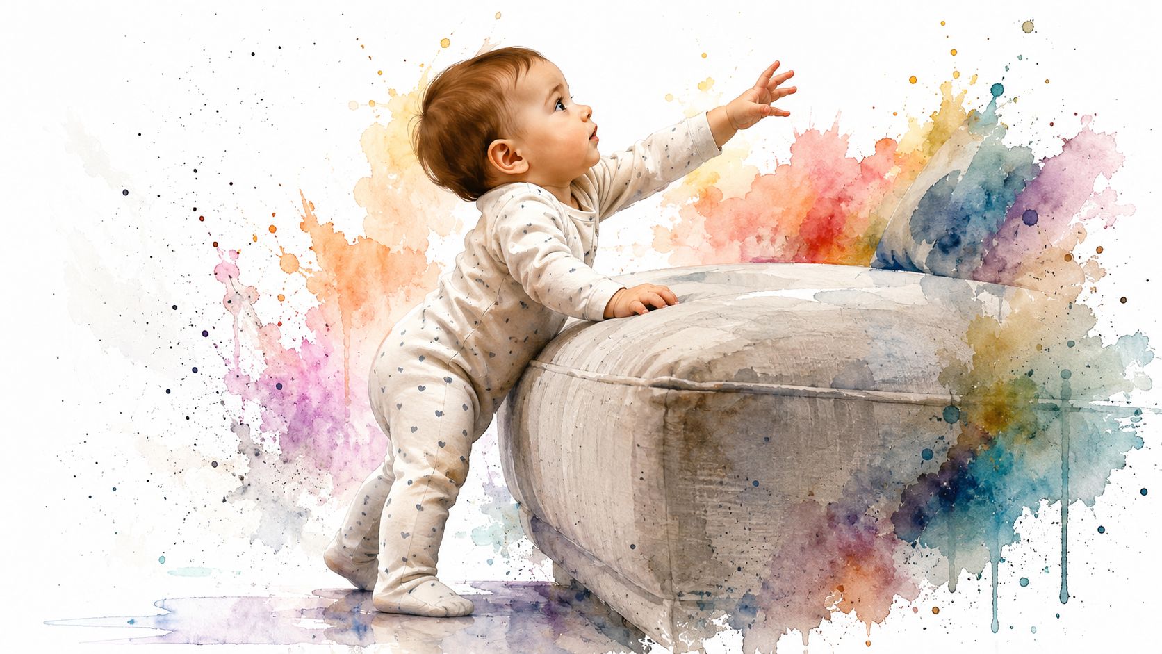 A cute toddler wearing patterned 12 month pajamas with feet, leaning against a couch and reaching up.