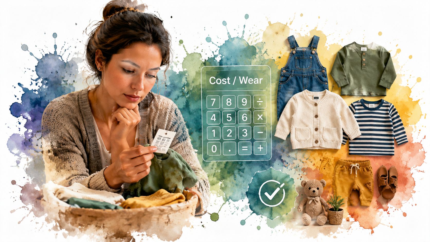A woman carefully examining a clothing tag with baby apparel and a calculator icon nearby.