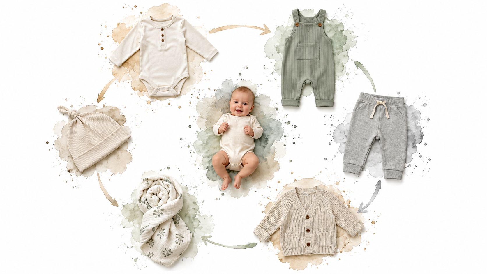 A happy baby surrounded by sustainable baby clothes and essentials arranged in a circular flatlay layout.