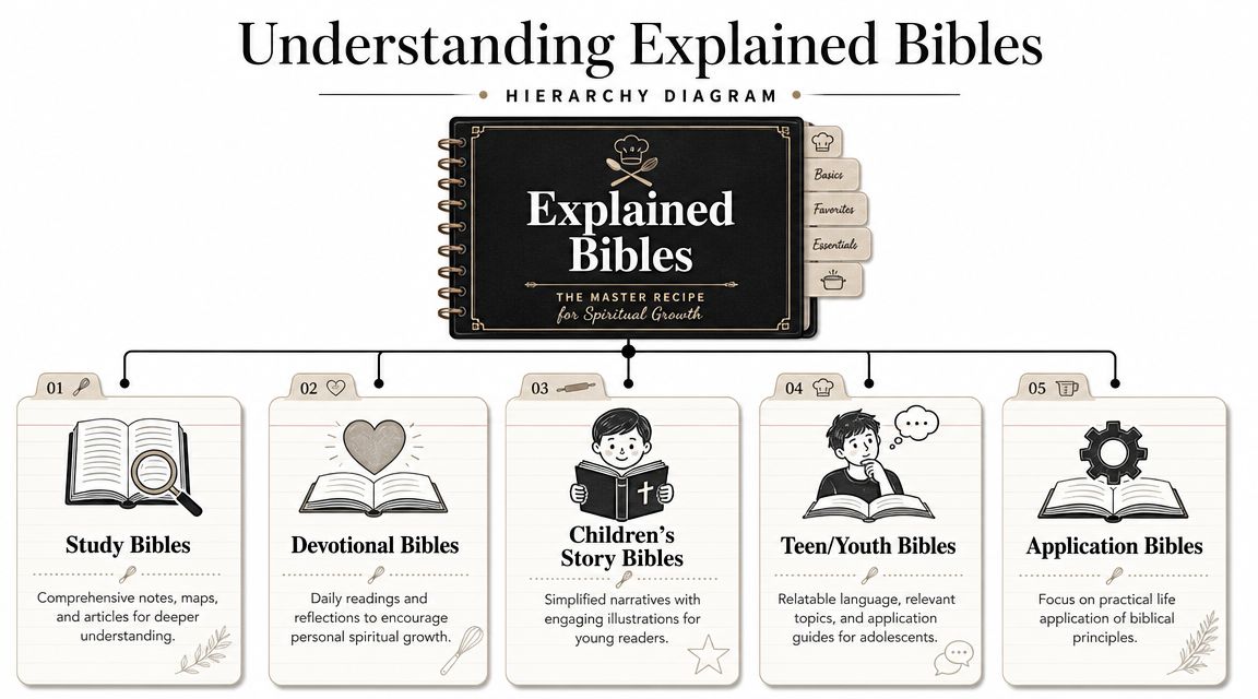 A hierarchical diagram showing various types of Bibles including study, devotional, children's, youth, and application editions.