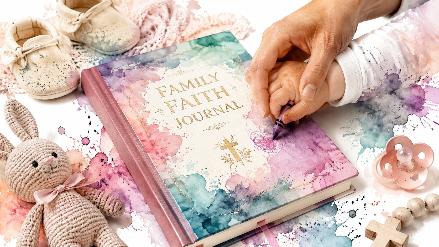 An adult hand guides a baby's hand using a crayon to draw on a Family Faith Journal.